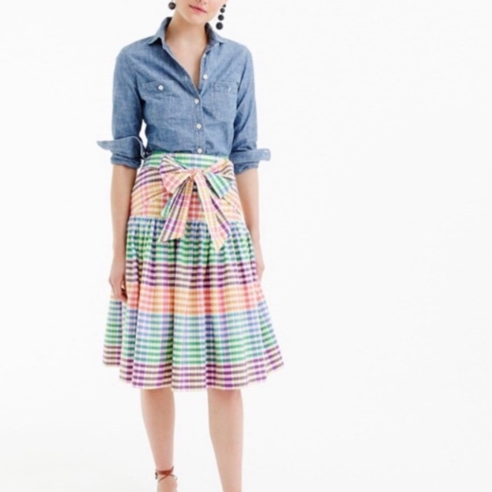J. Crew Rainbow Gingham Skirt with Bow Belt